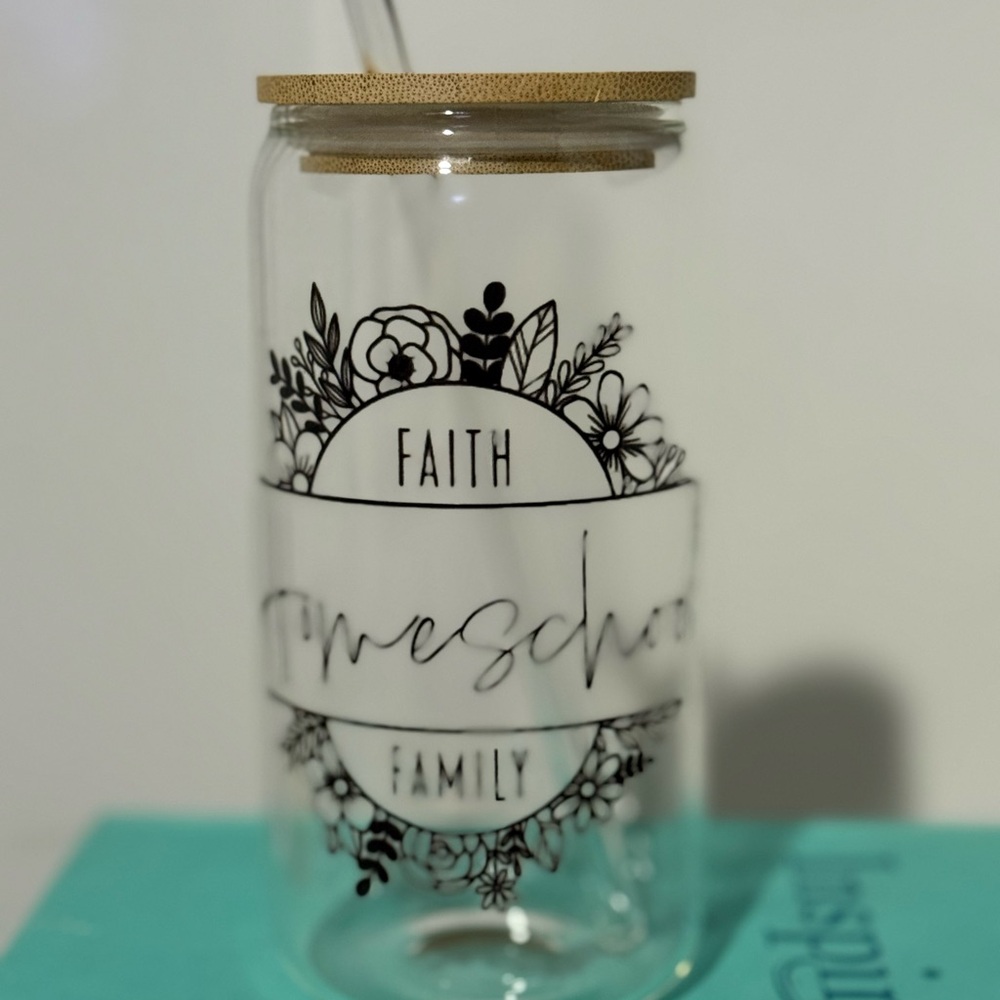 Floral Glass Tumbler with glass Straw bamboo lid - Picture 4 of 4